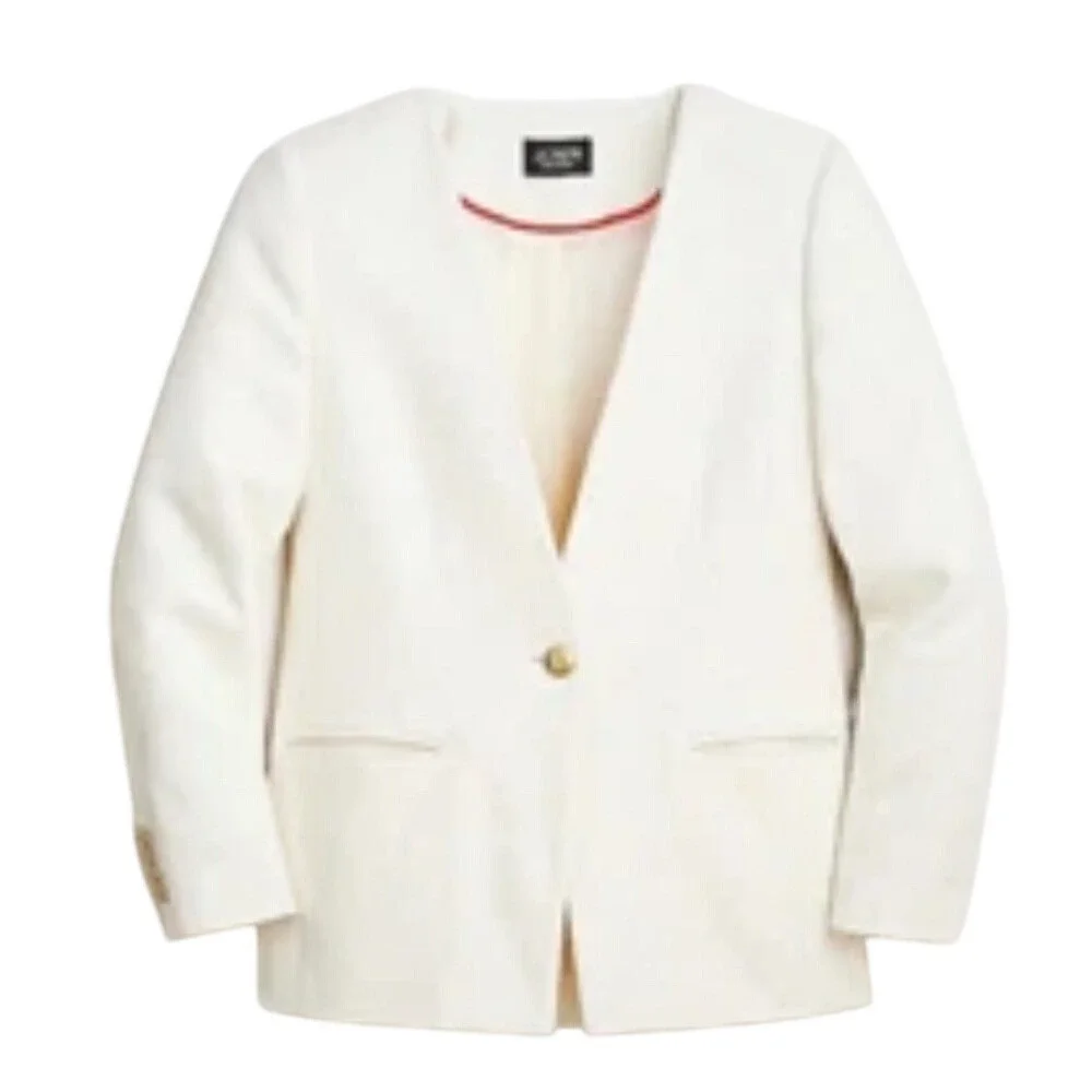 J Crew Collection Alfie Collarless Blazer Cotton Bouclé Relaxed Fit sz 4 White‎